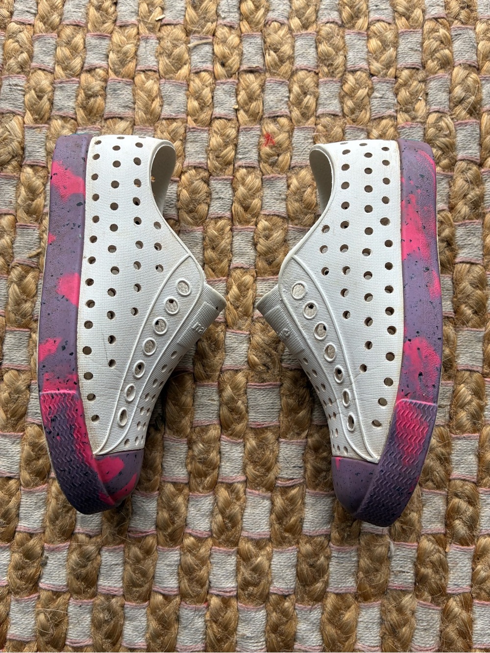 Kids Native White Slip-On Native Sneakers with Pink & Purple Speckled Sole
